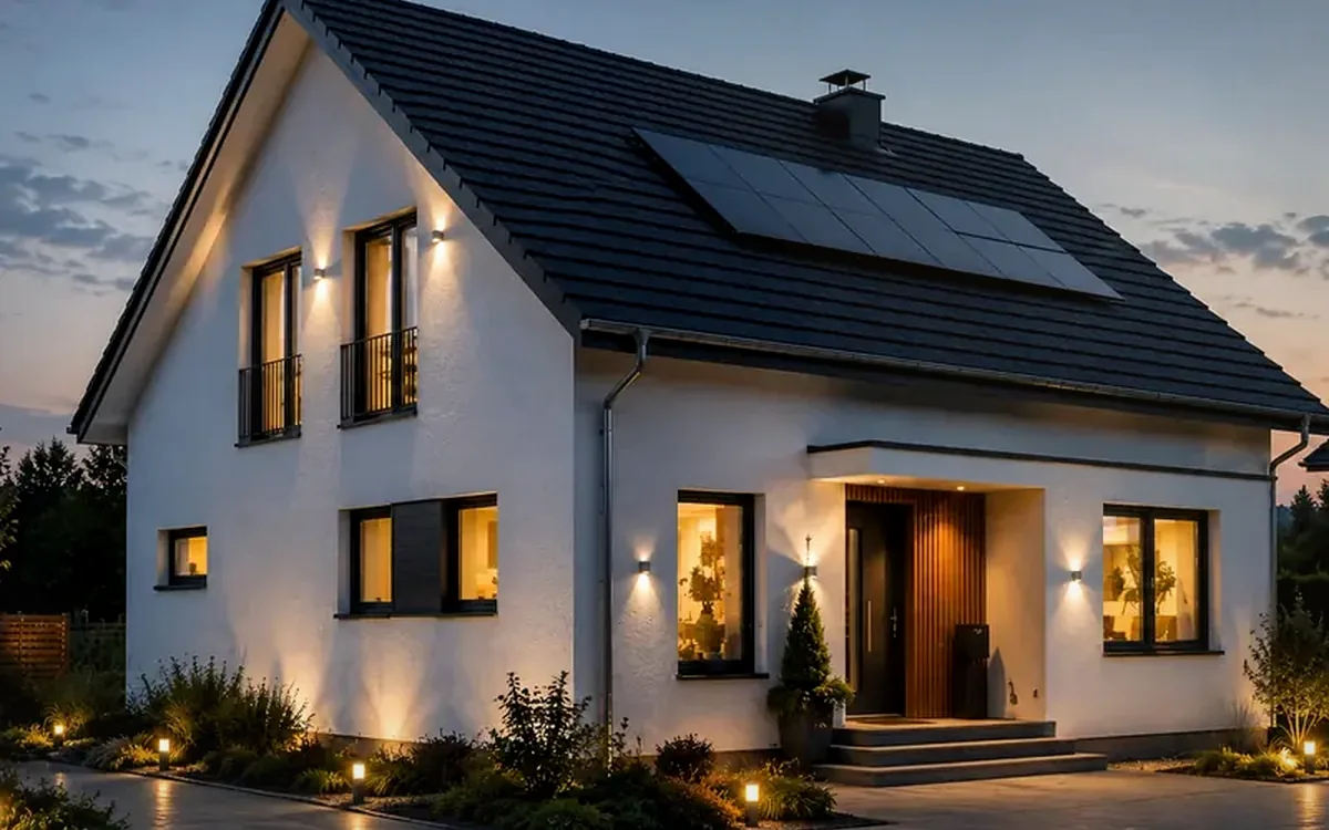 Modernes Wohnhaus am Abend als Symbolbild für eine hochwertige Immobilienvermarktung